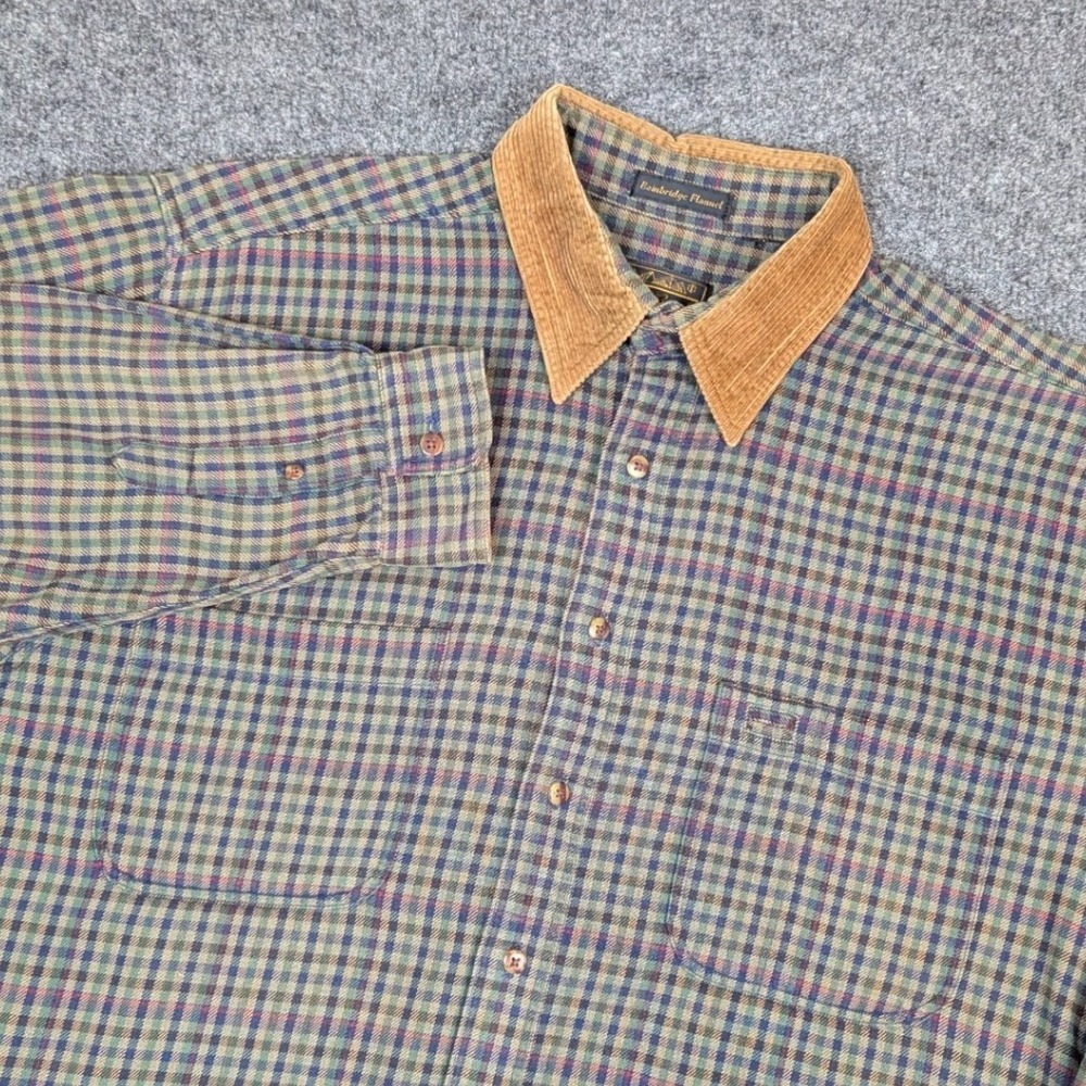 Eddie Bauer Bainbridge Flannel Shirt Mens XL Green Plaid Corduroy Collar